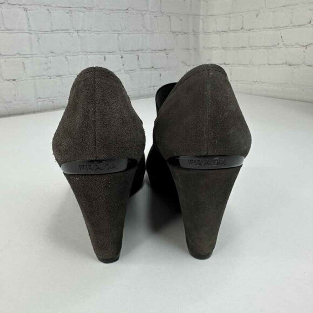 Prada Linea Rossa Dark Gray Suede Mary Jane Wedge Shoes 37.5 Womens - Picture 6 of 17